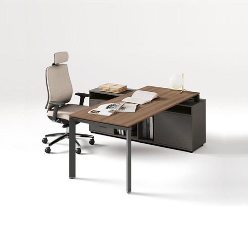 [FURN_1118] Corner Desk Black with metal base and wooden table-top, ergonomic and comfortable